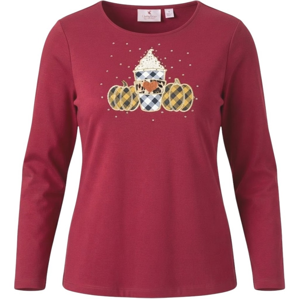 quacker factory pumpkin spice latte rhinestone top XS fall cozy autumn harvest